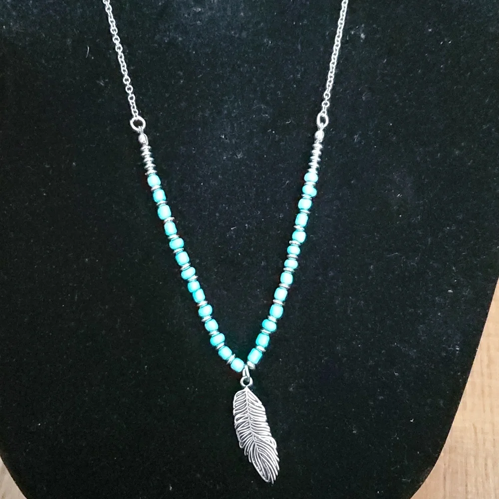 Feather Necklace with Faux Turquoise Beads